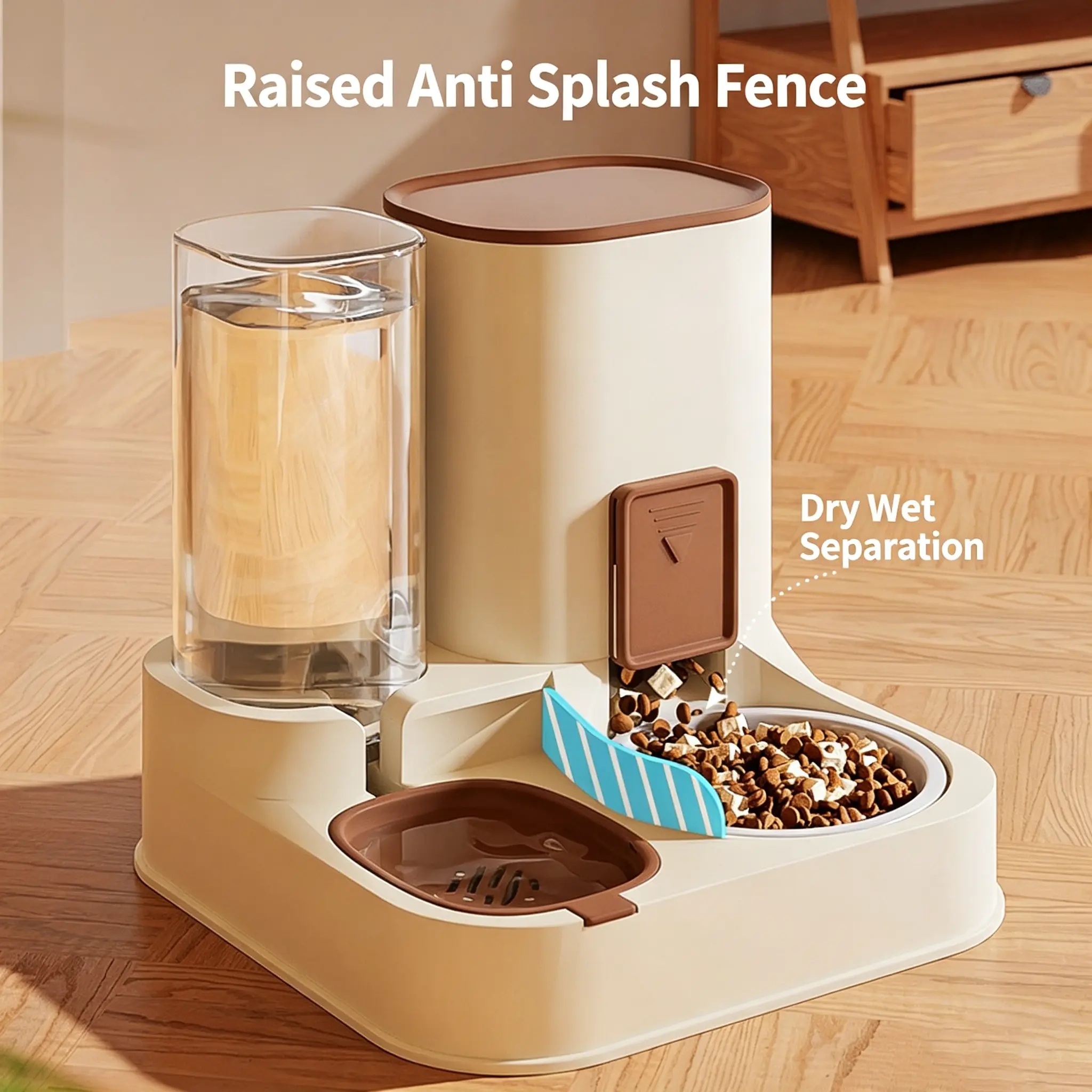 JH-C001 raised anti-splash fence pet feeder, dry and wet separate tray functional close-up shot