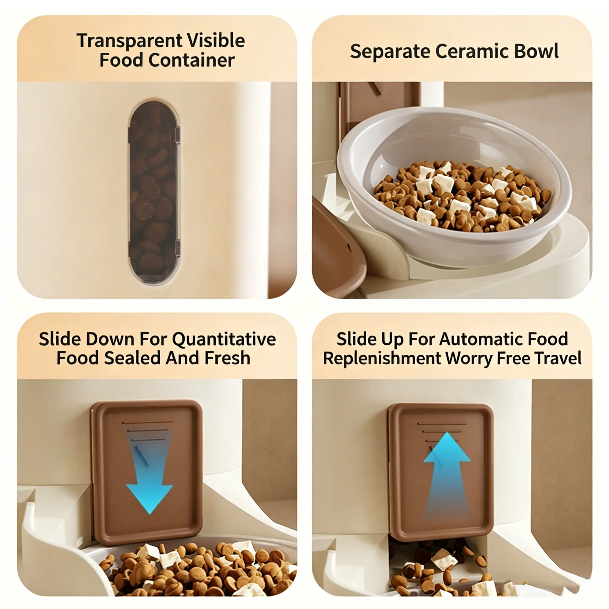 JH-C001 transparent visible food container with ceramic bowl, sealed fresh storage travel friendly pet feeder