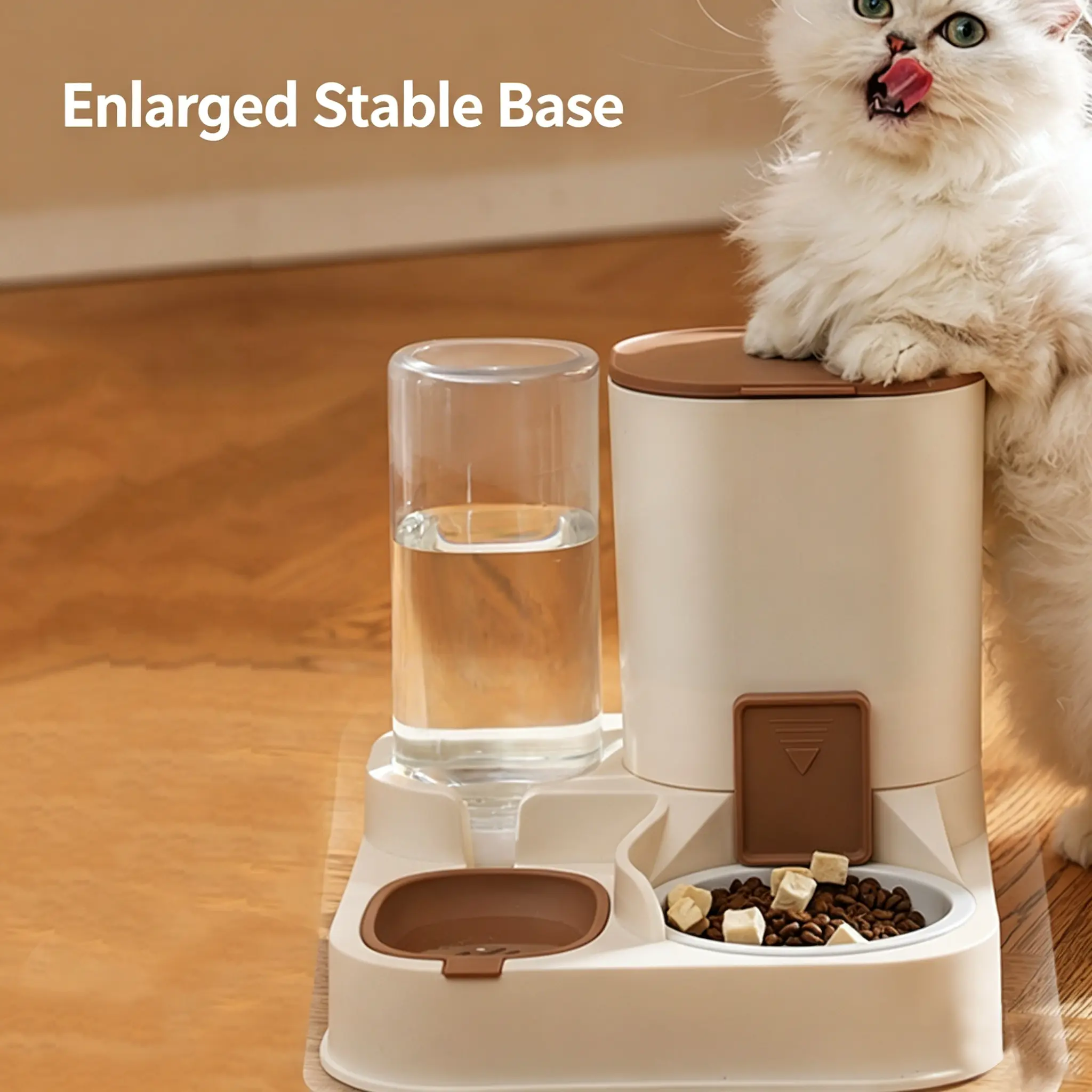 JH-C001 enlarged stable anti-tip base 2-in-1 pet feeder, fluffy white cat interactive product picture