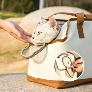 JH-C002 breathable pet carrier bag with cat poking head out, outdoor real use lifestyle picture