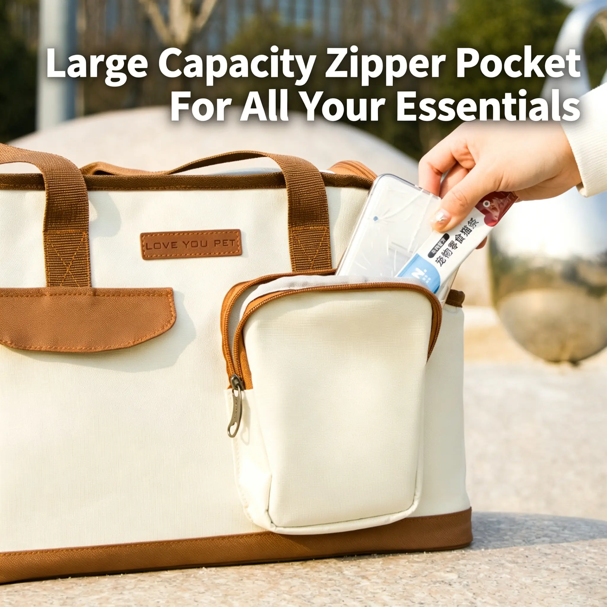 JH-C002 pet travel bag with external zipper pocket, store cards and daily essentials close-up view