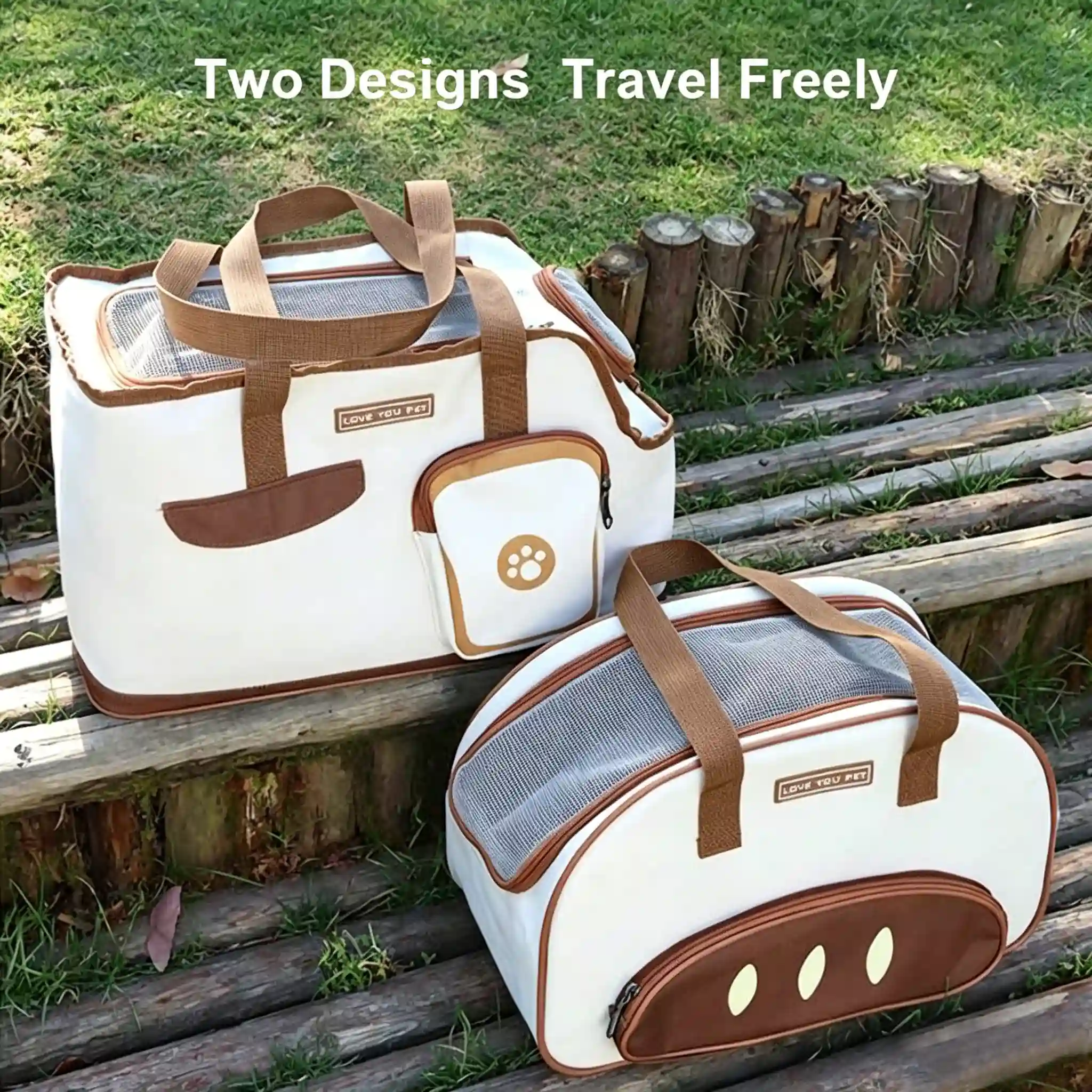 JH-C002 two styles pet tote carrier bag, beige and grey version outdoor travel scene display