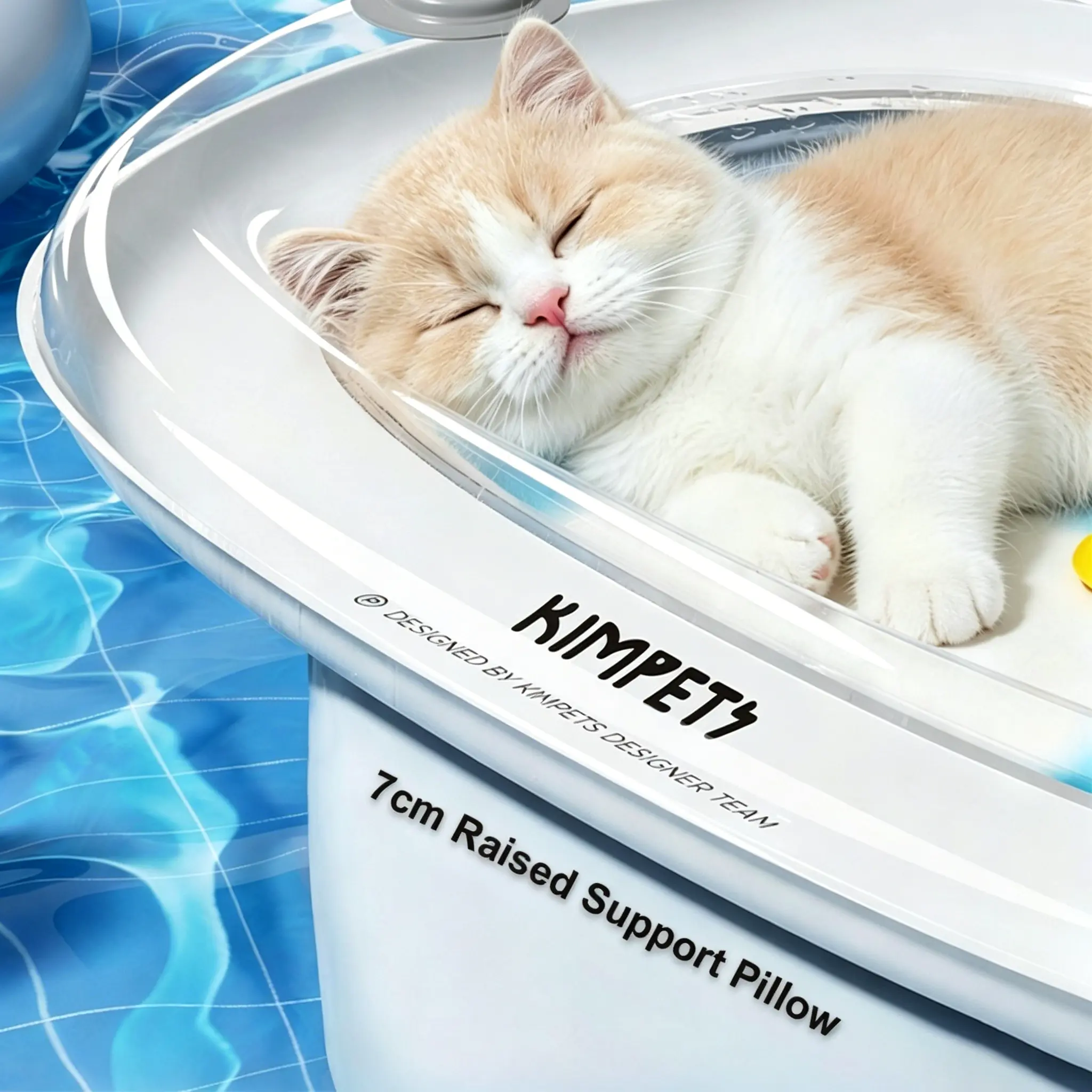 JH-C004 inflatable cooling cat bed with raised pillow edge, cat resting comfortably on transparent air cushion mat
