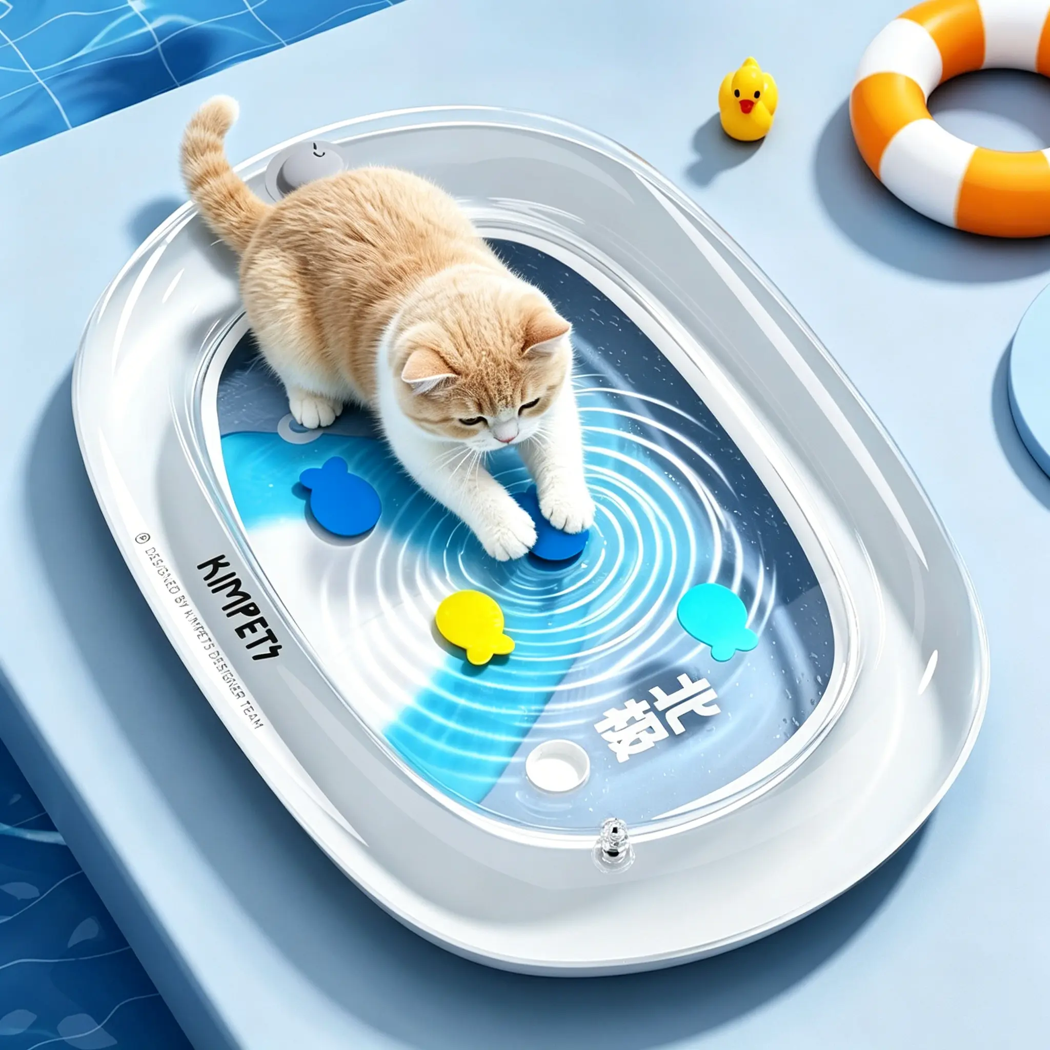 JH-C004 pet inflatable ice pad with floating fish decorations, cat playing on cooling mat home real usage shot