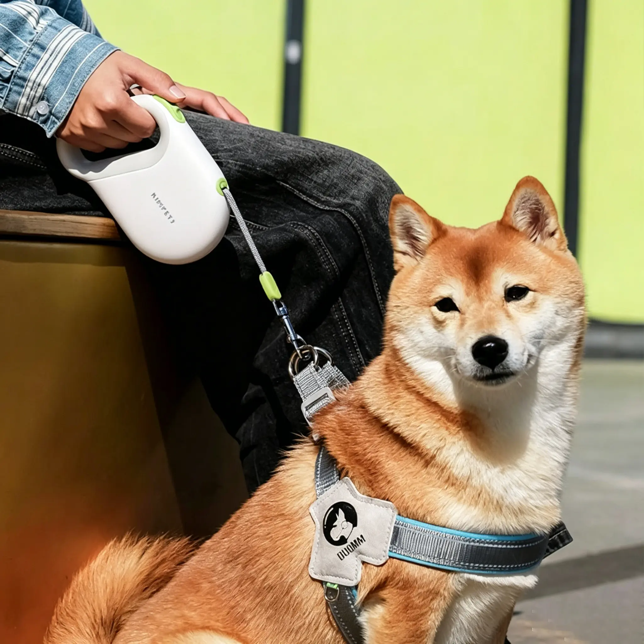 JH-D002 retractable dog leash matched with harness, shiba inu wearing leash outdoor effect picture