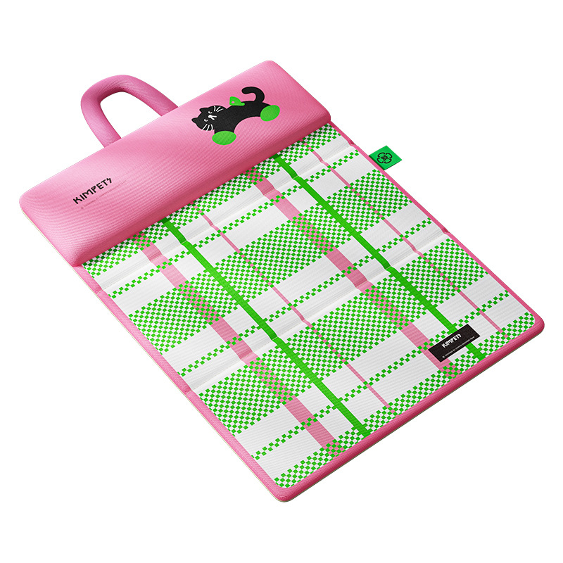 JH-D003 double sided foldable pet cooling mat, pink plaid version white background main product photo