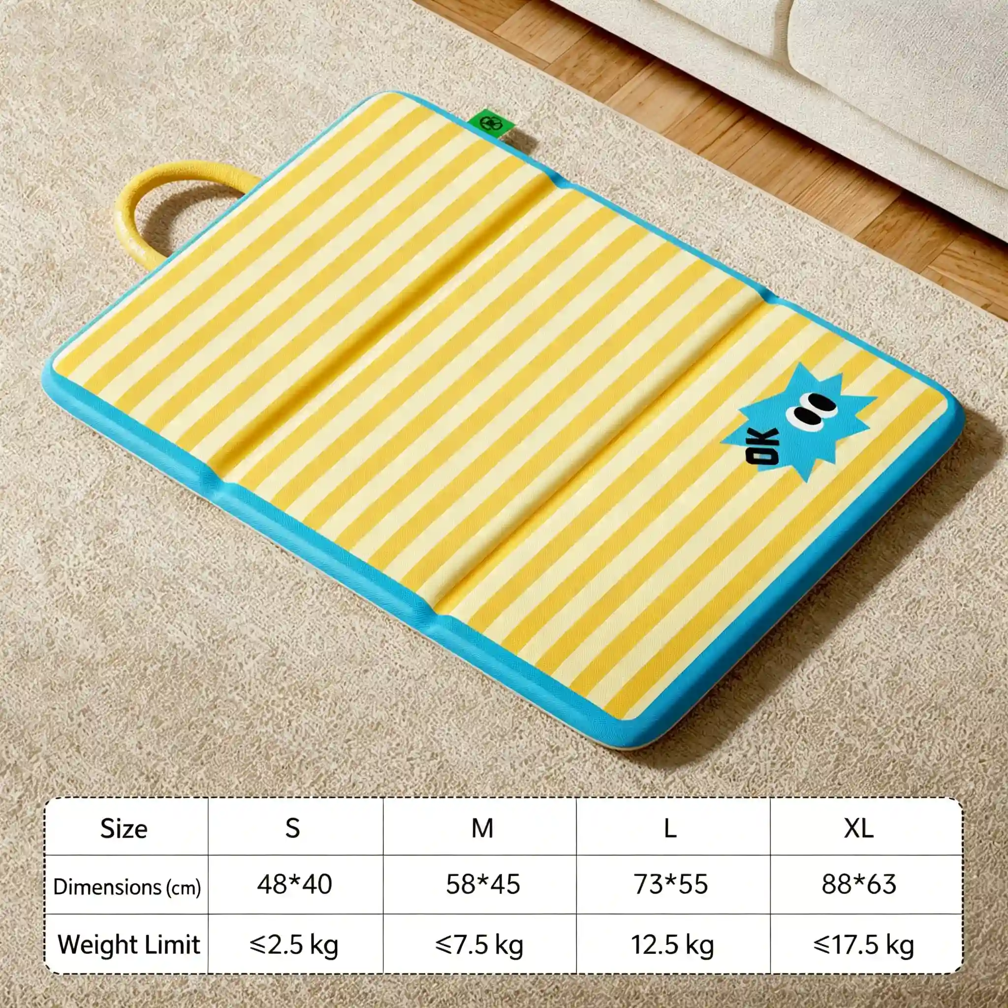 JH-D003 yellow striped foldable pet ice mat, S/M/L/XL full size dimension and load bearing parameter chart