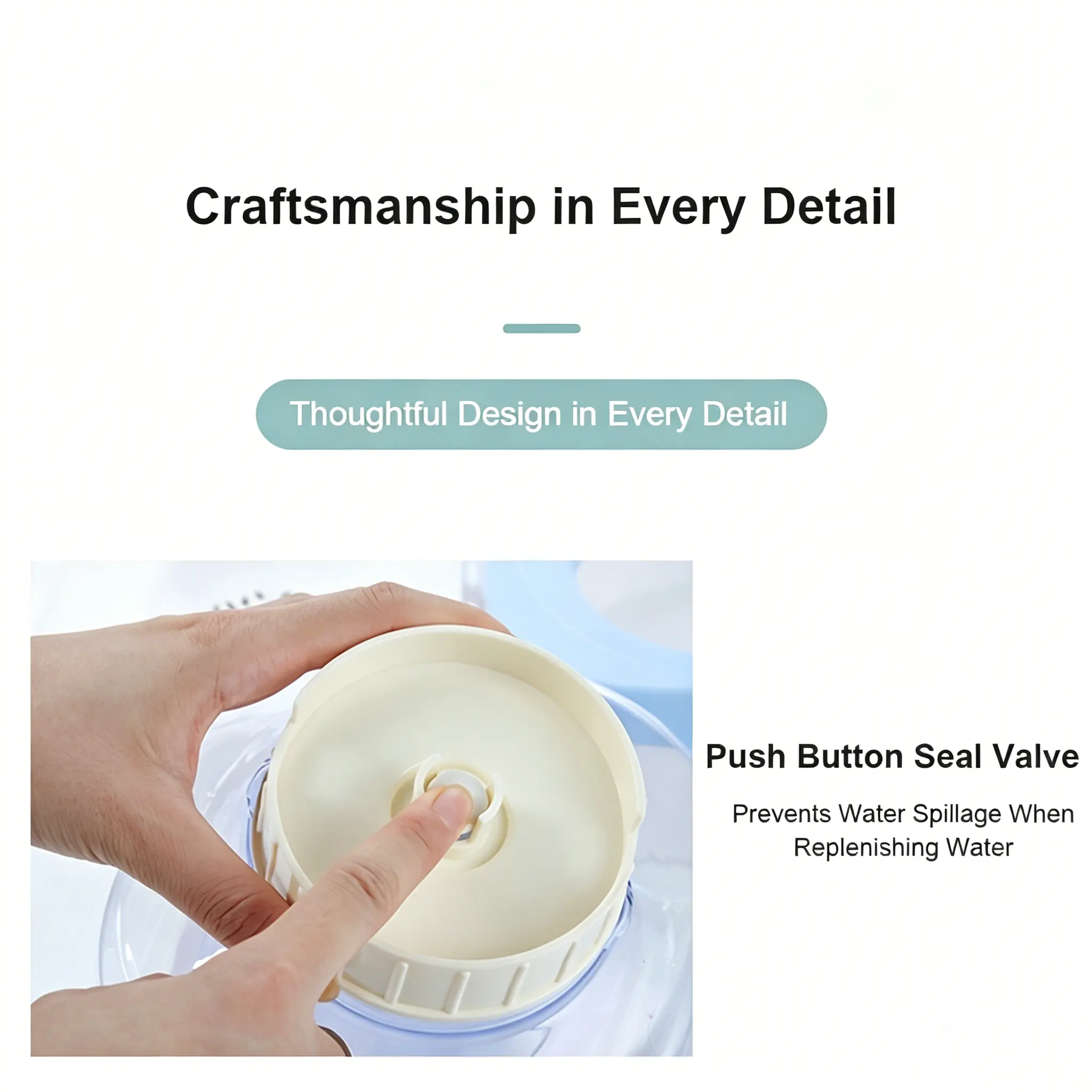 JH-D004 push button seal valve design, anti-splash water refilling structure craft detail close-up