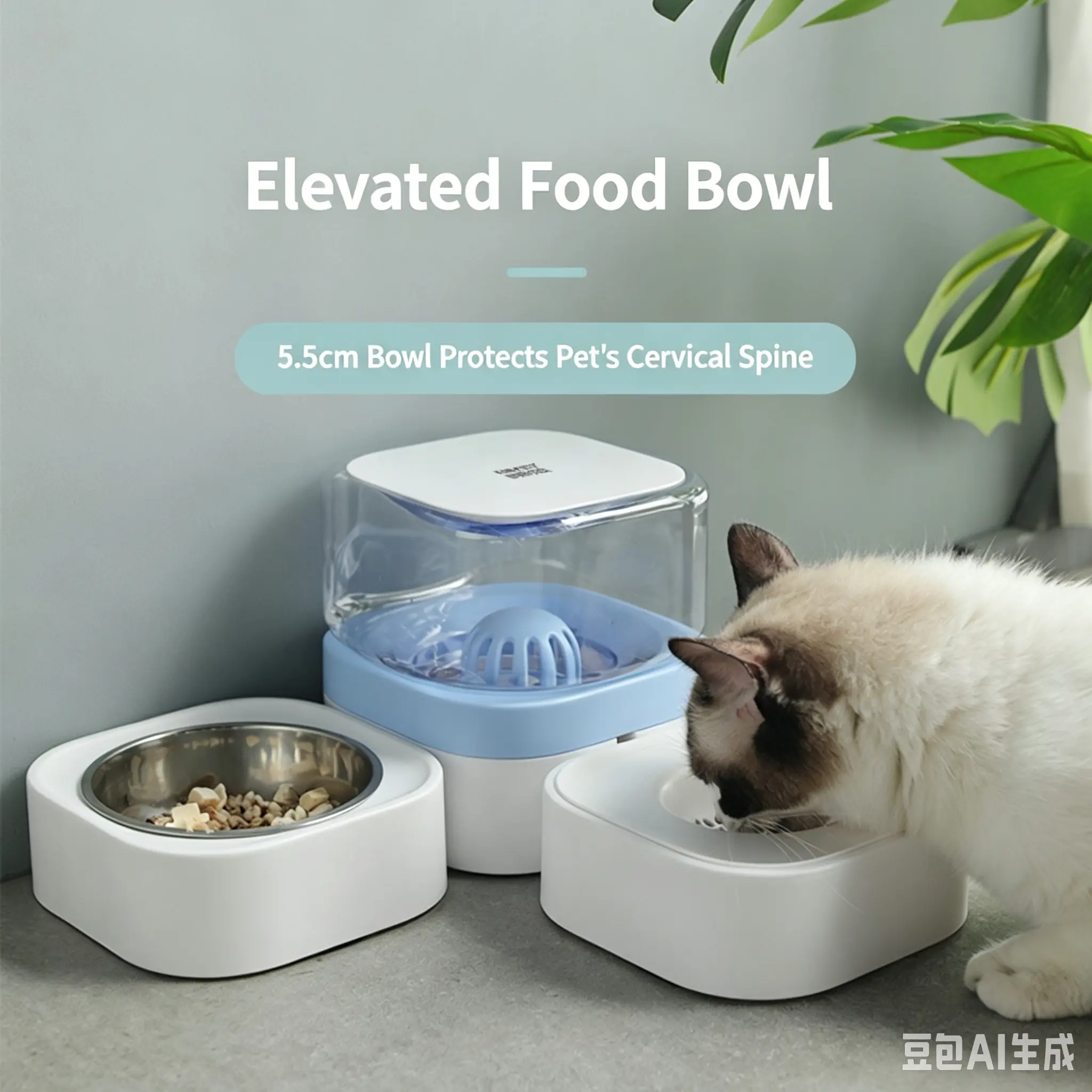 JH-D004 5.5cm elevated food bowl protects pet cervical spine, ragdoll cat drinking water beside feeder