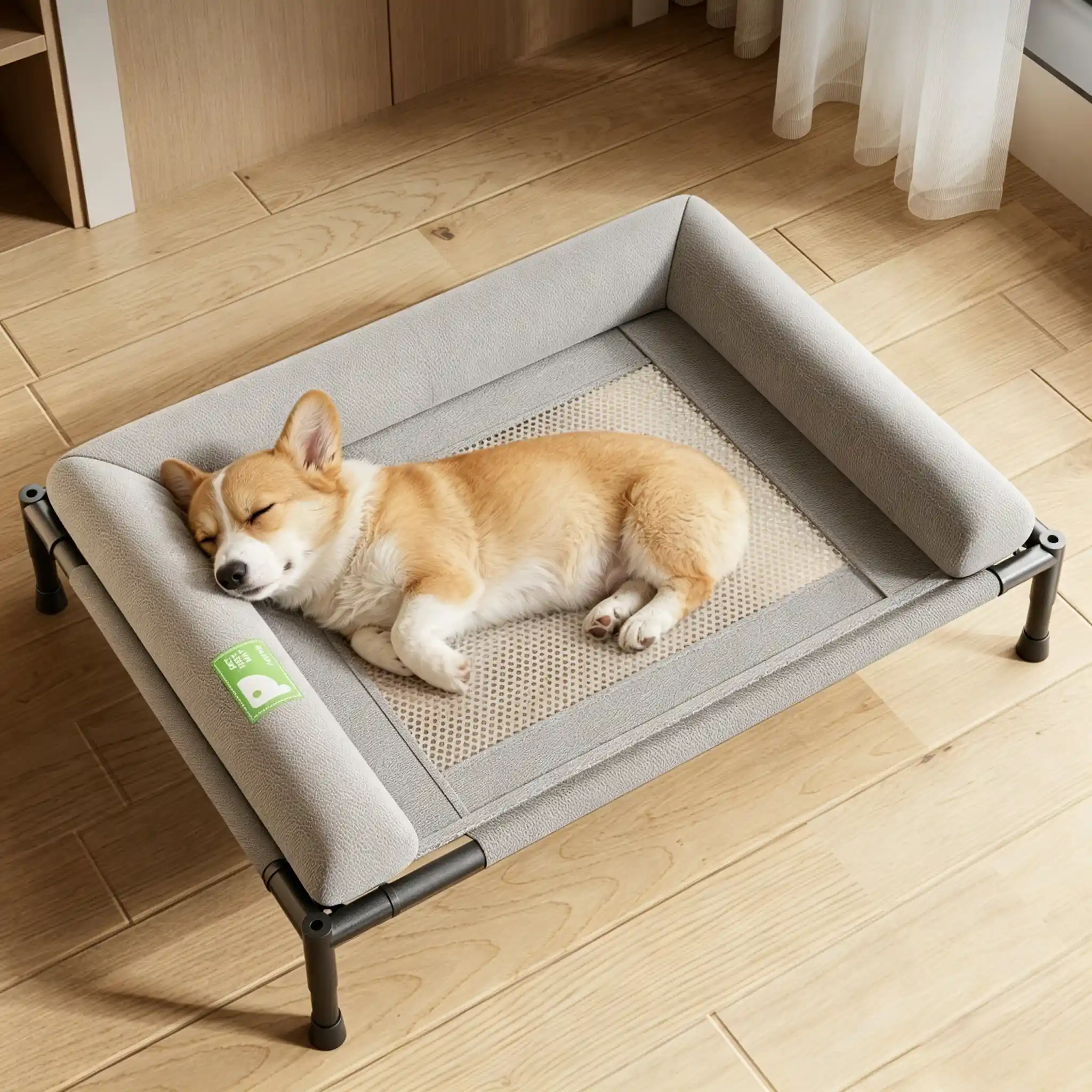 JH-D006 off-ground moisture proof pet raised bed, corgi dog resting on breathable mesh mat indoor scene display