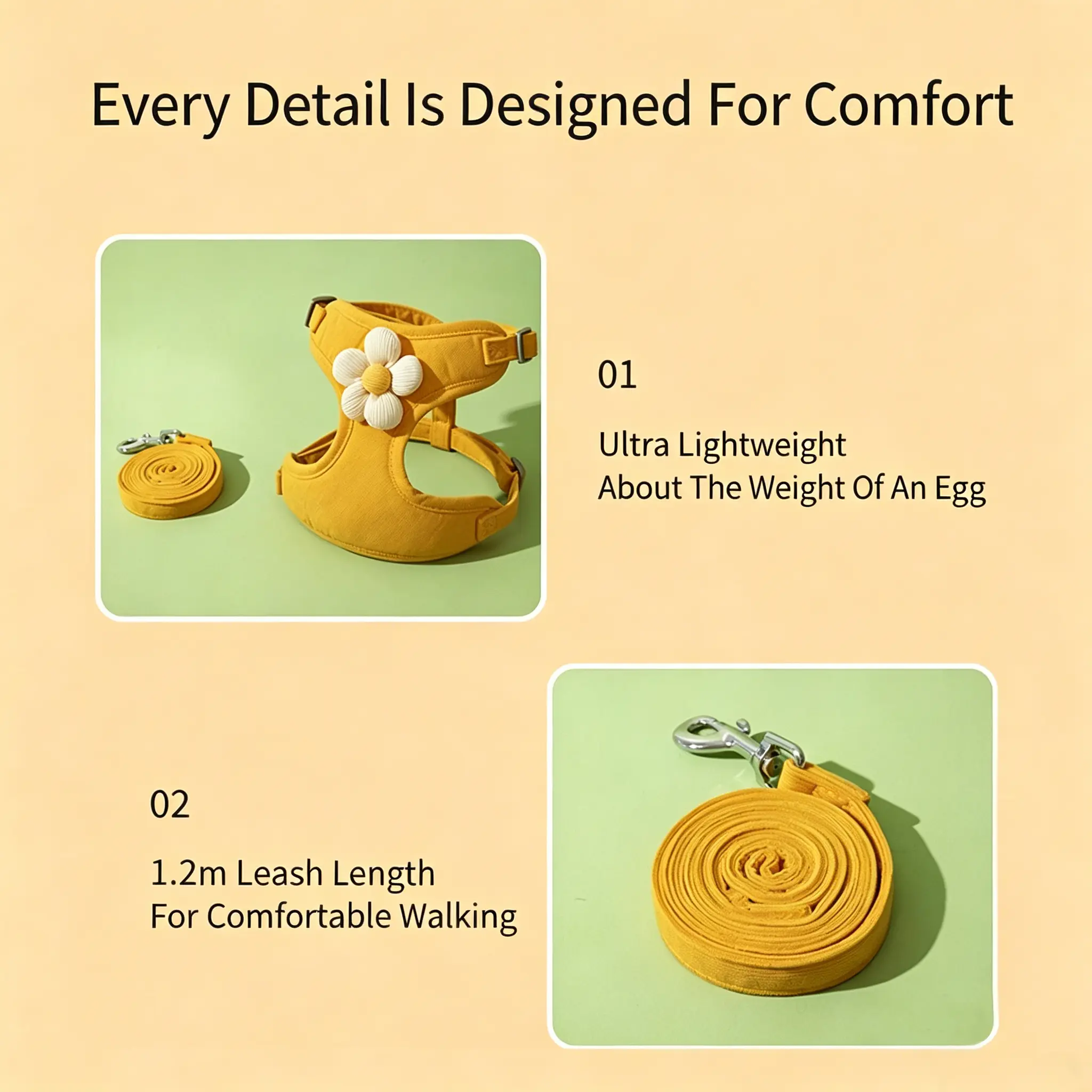 JH-D007 ultra light harness with 1.2m matching leash, full set component introduction diagram