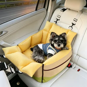 JH-D009 dog car seat cushion fixed on car front passenger seat, schnauzer resting inside travel bag