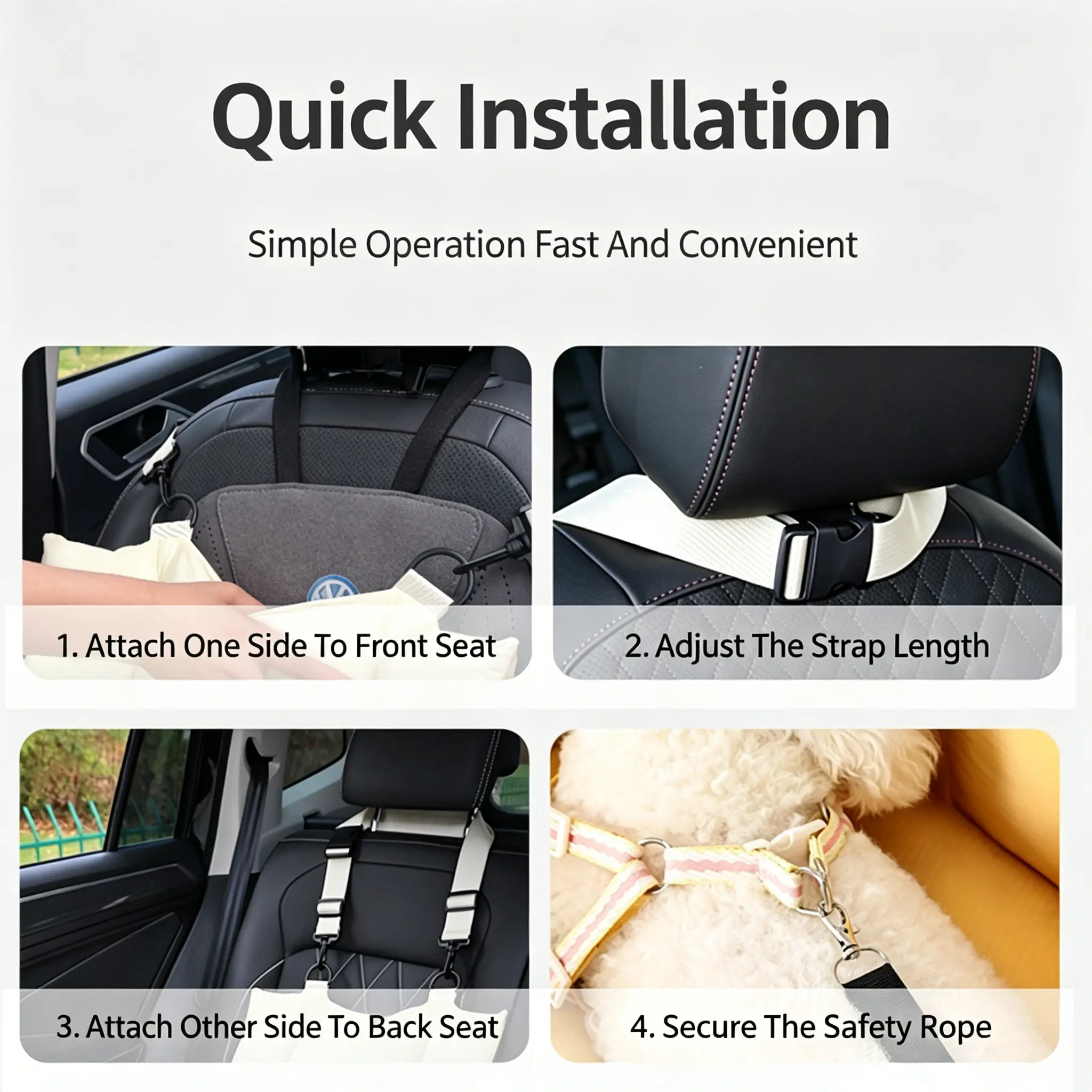 JH-D009 4 steps quick installation tutorial, adjustable strap fix pet travel bag on car front & back seat