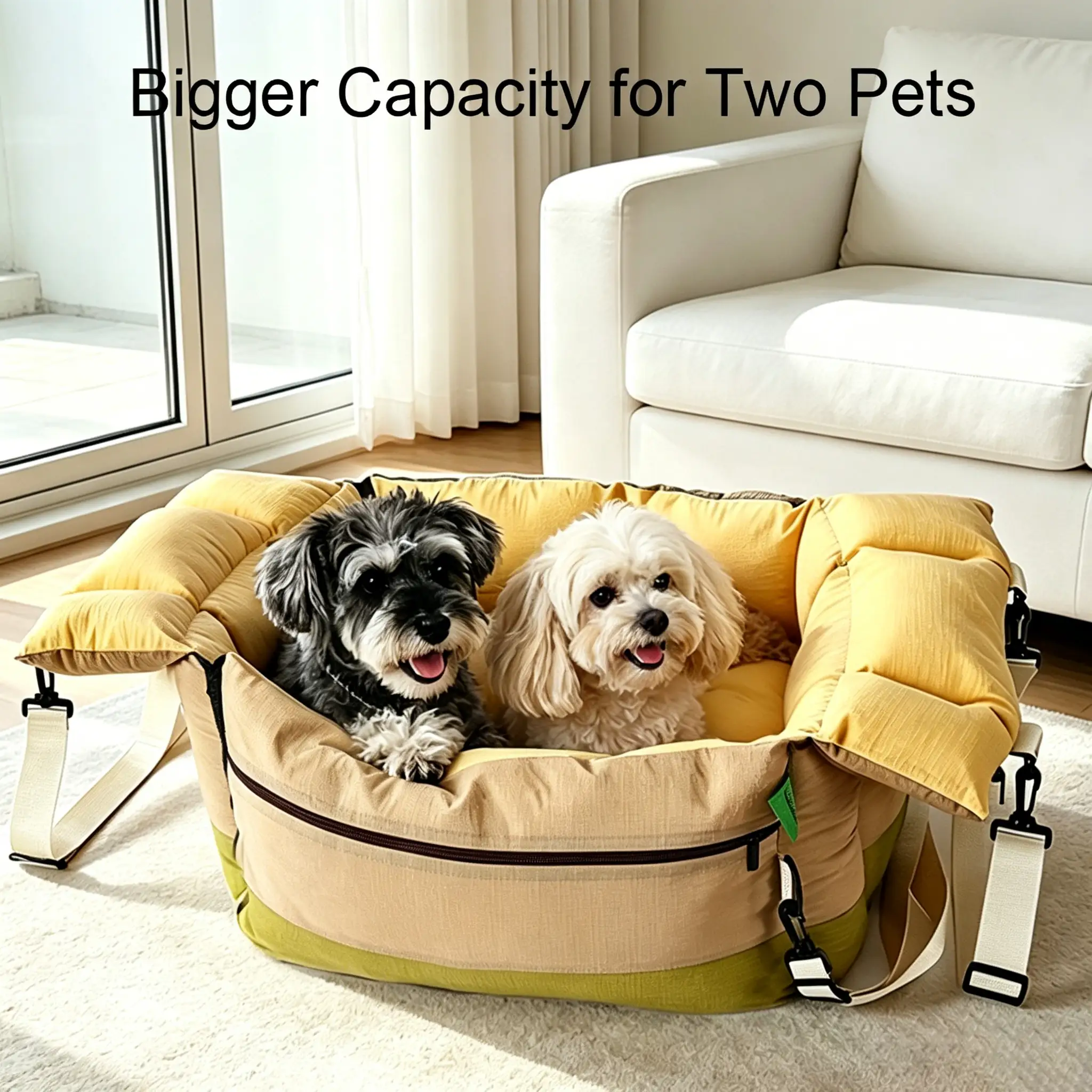 JH-D009 extra spacious pet car seat bag, two small dogs lying together inside indoor display shot