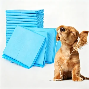 JH-S001 thick absorbent dog urine pads stacked display, golden retriever beside pet potty training mats