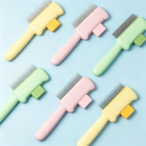 JH-S003 pastel pink yellow green 3 colors pet deshedding brush group shot on light background