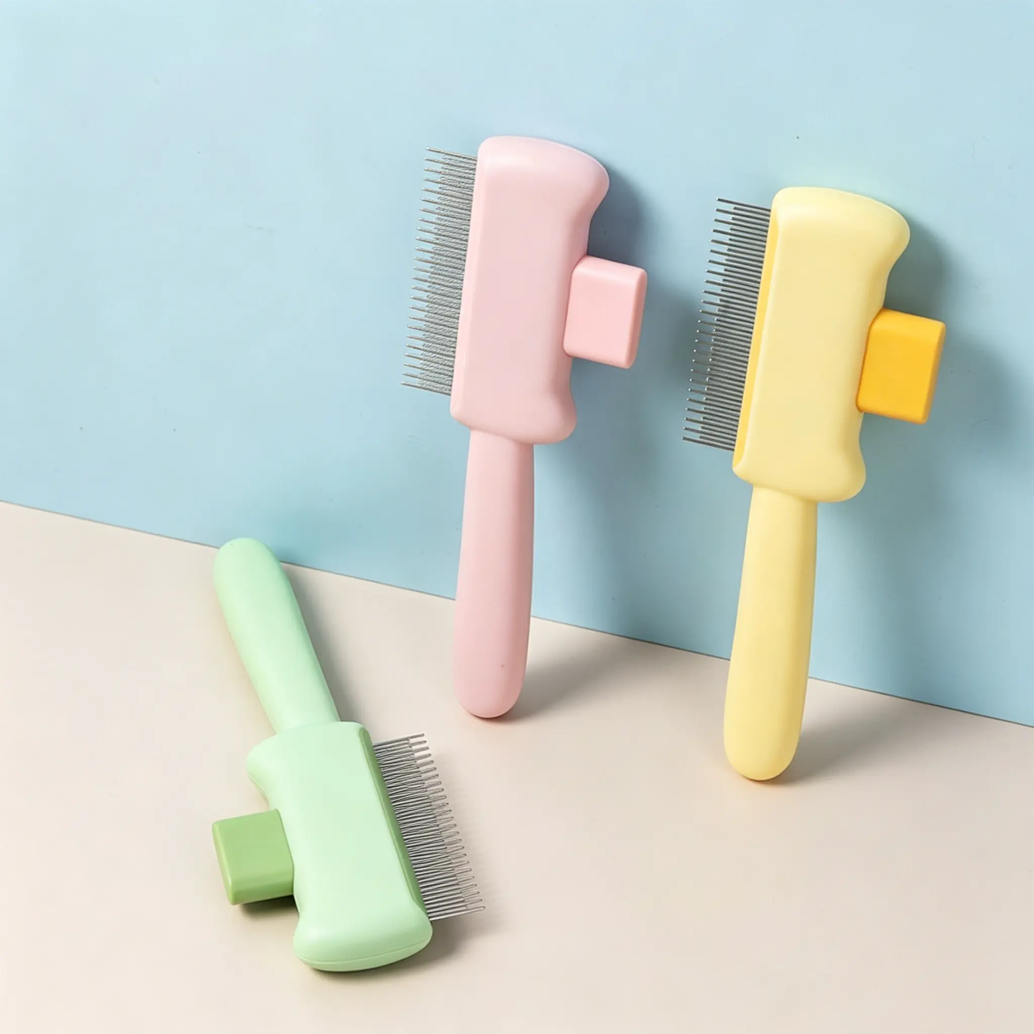 JH-S003 pink and yellow self-cleaning pet flea comb multi angle product display picture