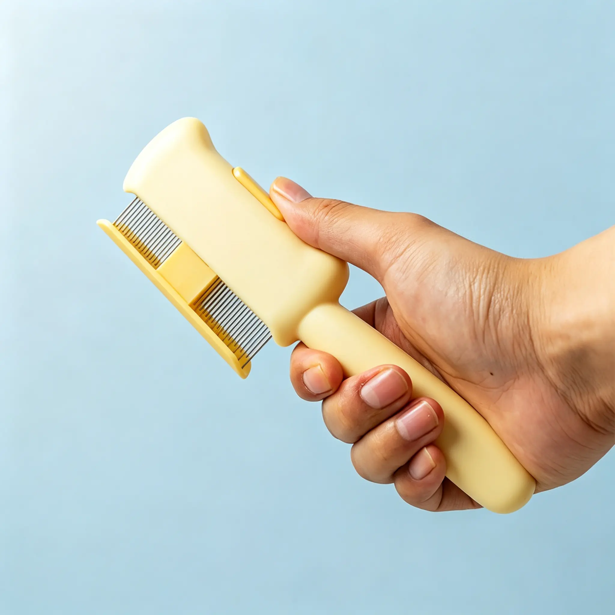 JH-S003 manual press button hair eject design, hand holding comb to show self cleaning mechanism