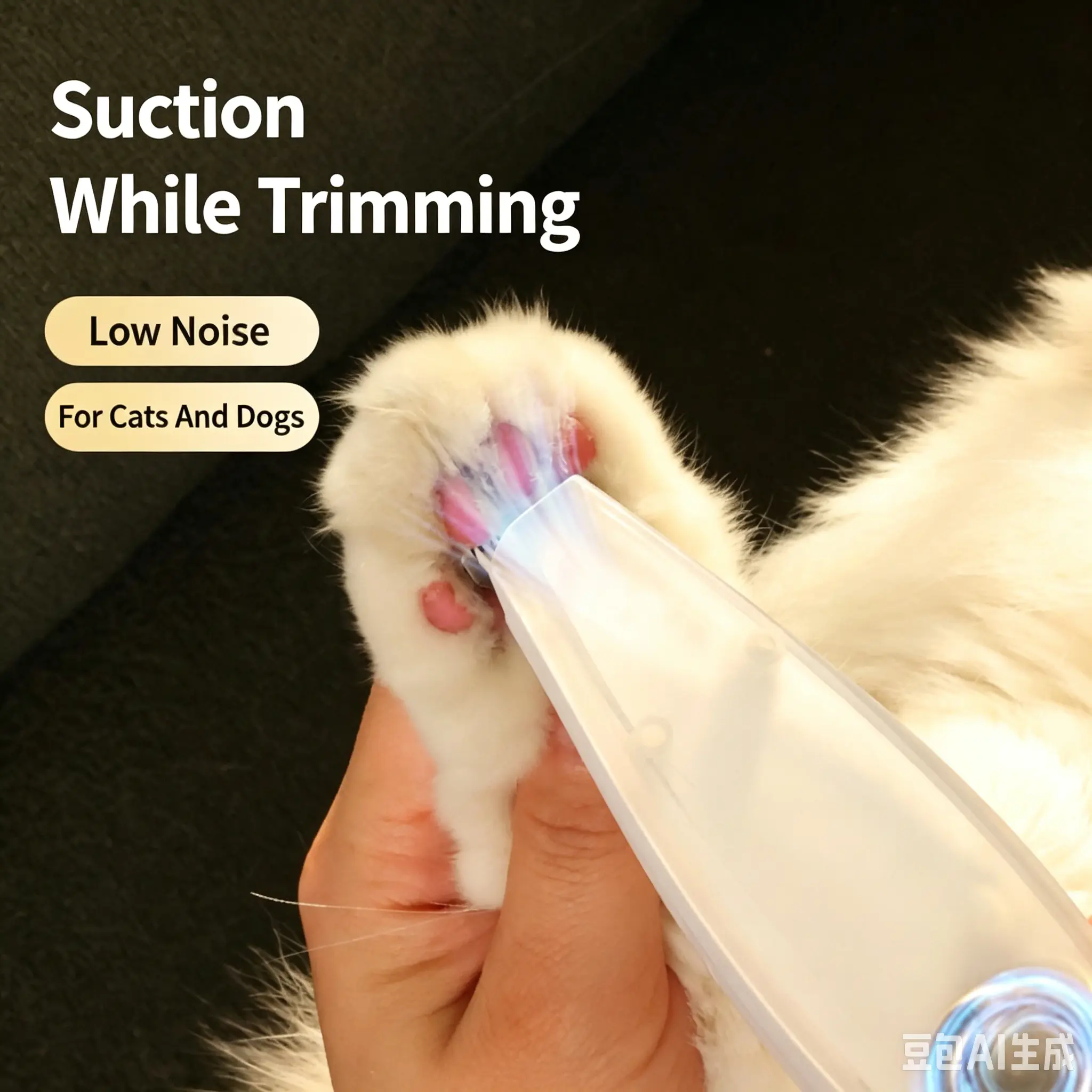 JH-S004 on-board vacuum collects loose hair while trimming pet paw fur, no messy flying hair operation shot