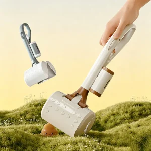 JH-S005 handheld pet waste cleaner picking dog poop on lawn during outdoor walking