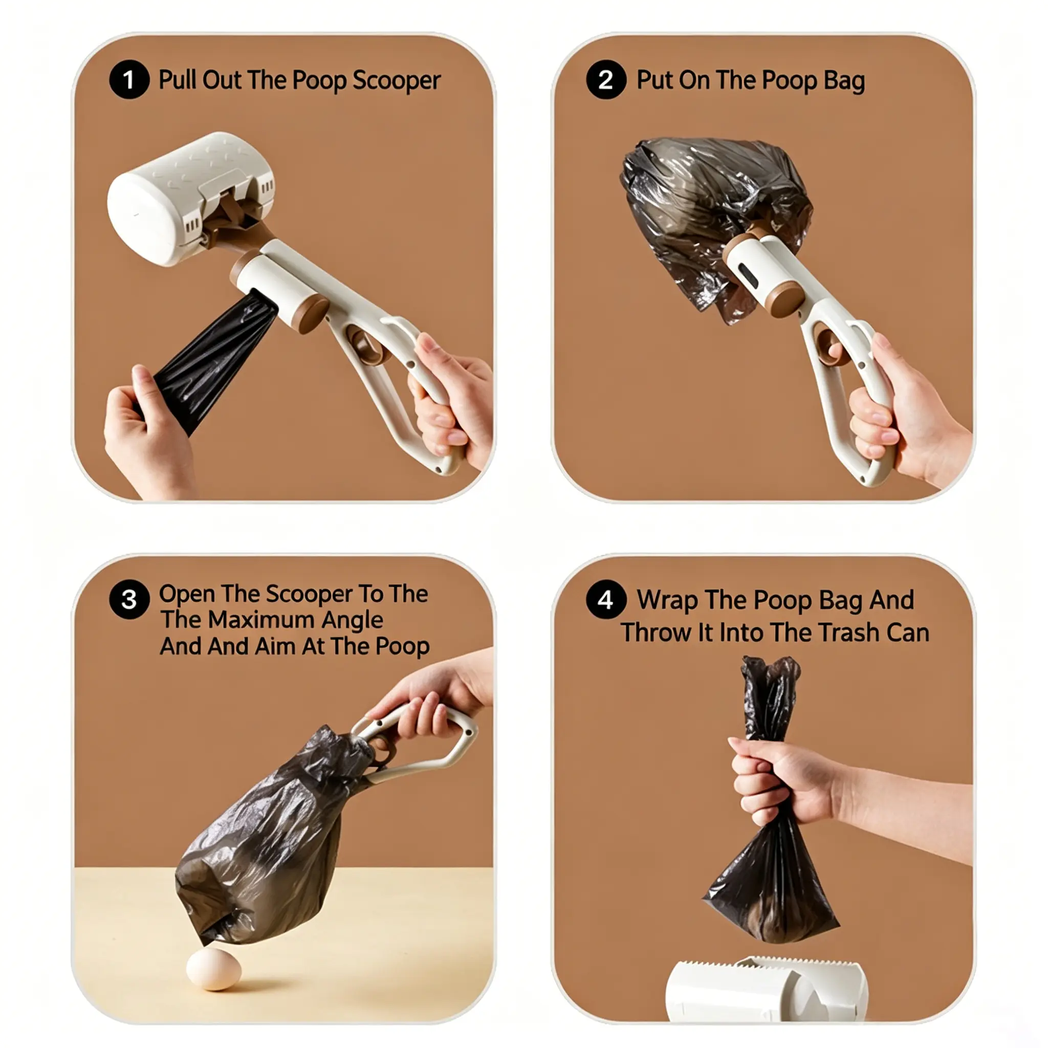 JH-S004 four step operation tutorial for bagging, picking and discarding pet waste step diagram