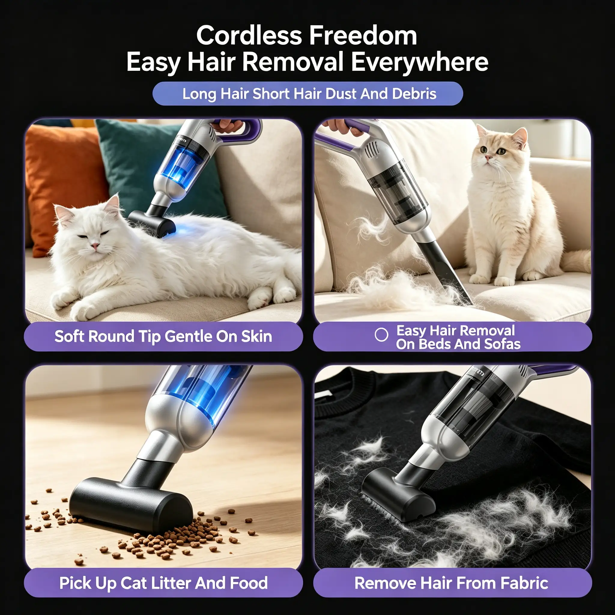 JH-S002 4-in-1 function graphic of cordless pet vacuum: clean cat litter, sofa hair, fabric fur, carpet debris
